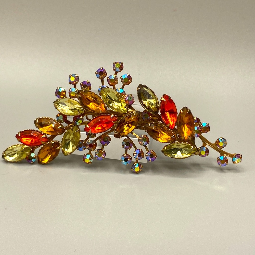Vintage Floral Autumn Swag Spray‎ 4” Faceted Rhinestones Prong Set Unsigned NH